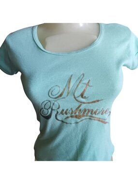 Mt. Rushmore Vintage Wome's T-shirt Small Single Stitch Glitter Aqua 1970's USA